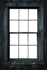 Old black apocalyptic wood window frame. Isolated transparent background PNG. Grunge cracked and peeling paint wooden window frame cutout. Abandoned and old. Historical and dilapidated.