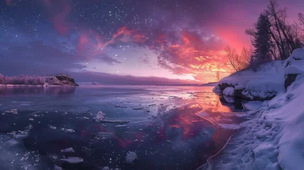 Foto op Plexiglas Hyperrealistic aurora borealis over frozen lake at night with vivid colors in long exposure view © RECARTFRAME CH