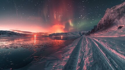 Hyperrealistic aurora borealis over frozen lake at night with vivid colors in wide angle