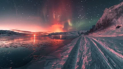 Abwaschbare Fototapete Nordlichter Hyperrealistic aurora borealis over frozen lake at night with vivid colors in wide angle