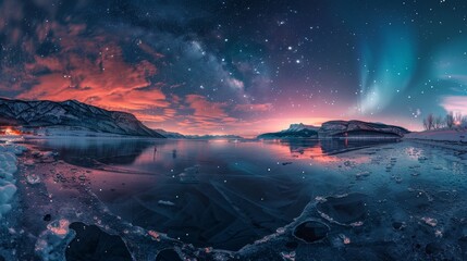 Hyperrealistic aurora borealis over frozen lake at night in wide angle with vivid colors - obrazy, fototapety, plakaty