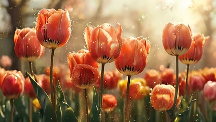 Meubelstickers red tulips in the garden © ascacasc