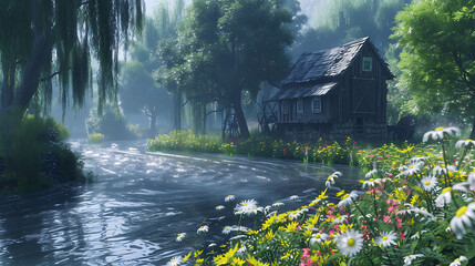 A tranquil riverside scene with a picturesque watermill nestled among weeping willows and wildflowers