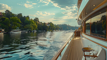 A tranquil river cruise aboard a luxury yacht, where guests sip champagne and enjoy panoramic views...