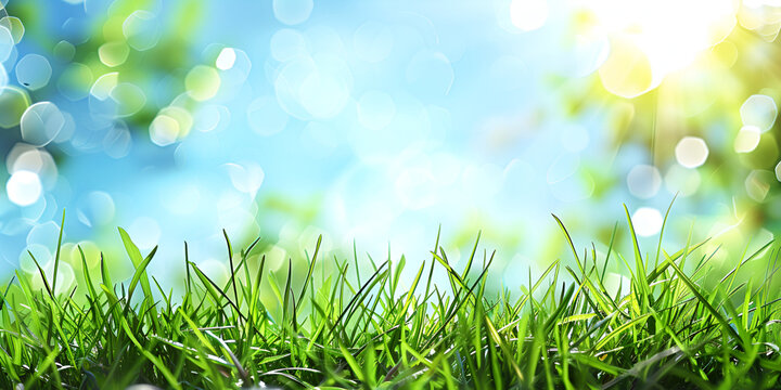 Natural grass background with blurred bokeh and sun