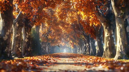 A tree-lined avenue ablaze with autumn colors