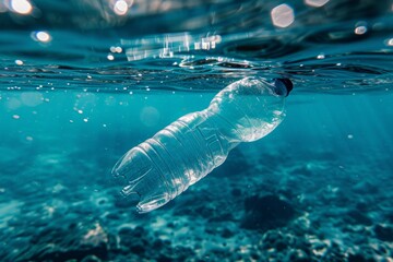 Naklejka premium Plastic pollution with bottle floating in clear blue sea water highlighting environmental issues