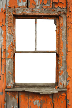 Old orange apocalyptic wood window frame. Isolated transparent background PNG. Grunge cracked and peeling paint wooden window frame cutout. Abandoned and old. Historical and dilapidated.