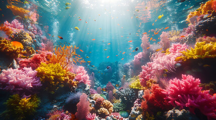 Naklejka na ściany i meble A vibrant coral reef teeming with life beneath the surface of the crystal-clear ocean