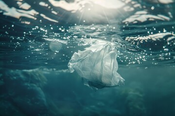 Plastic bag pollution floating in the ocean highlighting environmental issues - obrazy, fototapety, plakaty