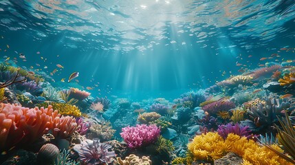 Fototapeta na wymiar A vibrant coral reef teeming with life beneath the surface of the crystal-clear ocean