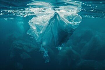 Plastic pollution in ocean, a single plastic bag submerged in clear blue water