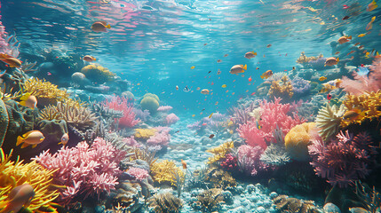 A vibrant coral reef teeming with life beneath the surface of the crystal-clear ocean