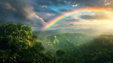 Rolgordijnen A vibrant rainbow arching over a lush green landscape © MuhammadInaam