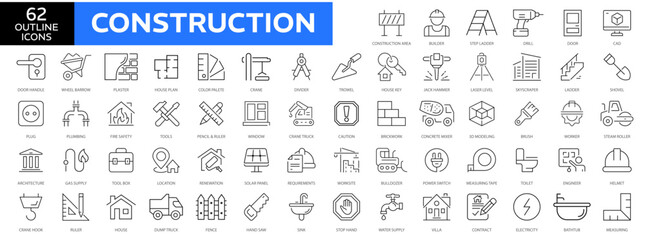 Construction line icons set. Home repair tools outline icons collection. Construction tools, builders and equipment symbols. Builder, crane, engineering, equipment, helmet, tool, house - icons vector.