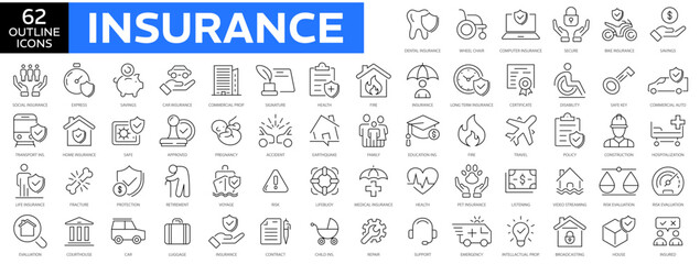 Insurance icon set. Assurance icons. Healthcare medical, life, car, home, travel insurance, safe, wounded, drown, repair coffin, glasses and more. Outline icons collection.