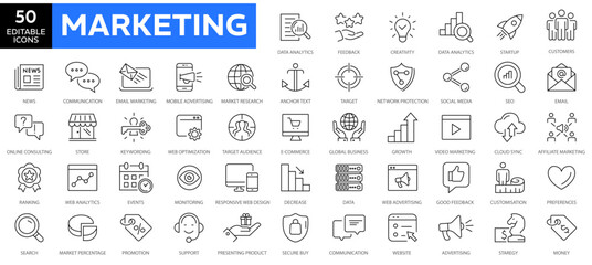 Marketing thin line icons set. Digital Marketing editable stroke icons set for web and mobile app. Communication, advertising, ecommerce, seo, content, product, target audience, website, social media. - obrazy, fototapety, plakaty