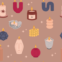 Trendy candles of various shapes and colors. Vector seamless pattern background for packaging, fabric, wallpaper.