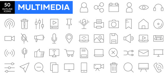 Fototapeta na wymiar Multimedia thin line icons set. Audio and Video line icons set. Media outline icons collection. Music, camera, microphone, webcam, earphones, cinema, Editable stroke icons.