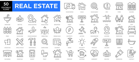 Real Estate minimal thin line web icon set. Included the icons as realty, property, mortgage, home loan and more.editable stroke icon. Real estate icons collection.vector illustration - obrazy, fototapety, plakaty