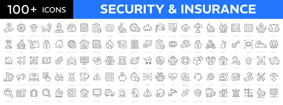 Insurance and security 100+ web icons set. Judgment, secure, protection, evaluation, Healthcare medical, life, car, home, travel insurance, safe, wounded, drown, repair icons. Vector illustration.