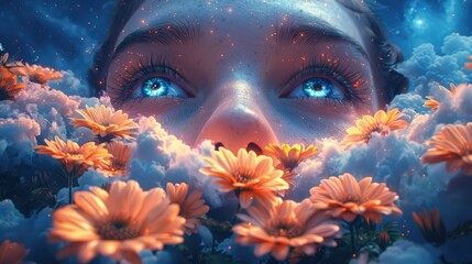 A blooming garden in the clouds where the flowers open to reveal eyes watching the starry sky, solid color background, 4k, ultra hd