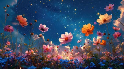 Fototapeta na wymiar A blooming garden in the clouds where the flowers open to reveal eyes watching the starry sky, solid color background, 4k, ultra hd
