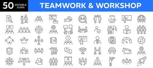 Workshop and Teamwork 50 thin line icons set. Editable stroke for web and mobile Teamwork, Community, People, Business, Cooperation, Partnership Teamwork, Organization, Leadership and Human Resources.