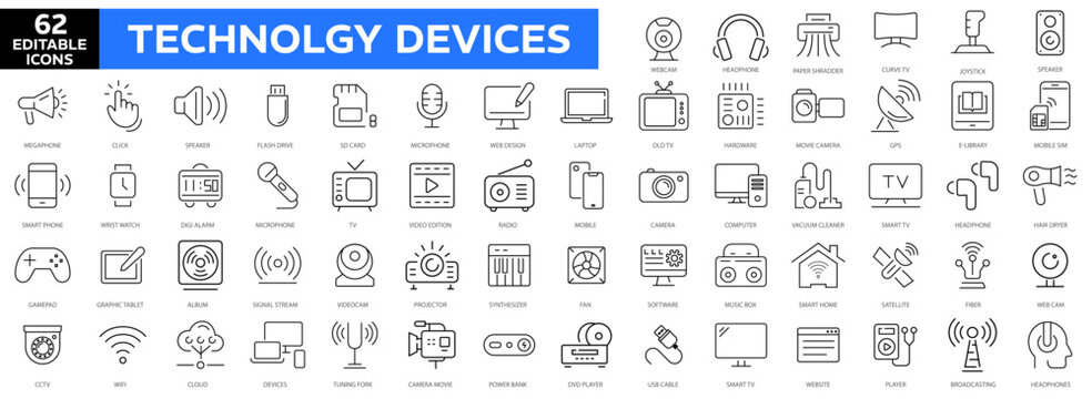 Technology and Device thin line icons set. Web icons. Computer, Smartphone, Tablet, Mail, Search, Tablet, Cloud, Media icon. Device collection. Vector illustration.