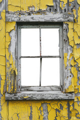 Old apocalyptic wood window yellow frame. Isolated transparent background PNG. Grunge cracked and peeling paint wooden window frame cutout. Abandoned and old. Historical and dilapidated.