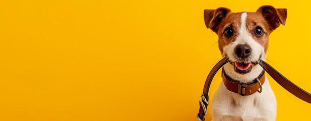 Cute Dog Jack Russell terrier holding pet leash in mouth ready to go for walk on color yellow background with copy space. Long banner. Traveling with pets concept, pets love, animal life, humor. - obrazy, fototapety, plakaty