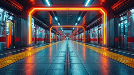 A digital train station with automated trains, solid color background, 4k, ultra hd - obrazy, fototapety, plakaty