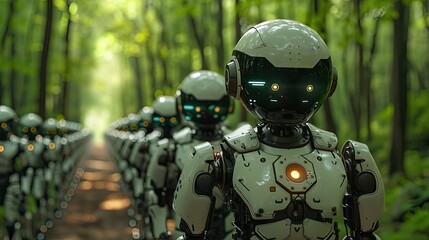 A group of robots on the background of a green forest, solid color background, 4k, ultra hd
