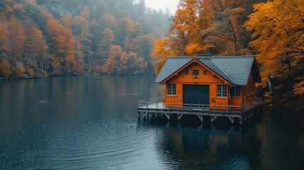 Obraz premium A hydroelectric power plant amidst the fall forests, solid color background, 4k, ultra hd