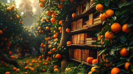 A library where books grow on trees instead of fruit, their pages rustling like leaves in the wind, solid color background, 4k, ultra hd - obrazy, fototapety, plakaty