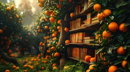Deurstickers A library where books grow on trees instead of fruit, their pages rustling like leaves in the wind, solid color background, 4k, ultra hd © Gefo