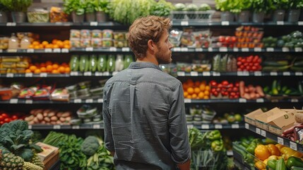 A man picks out groceries at the supermarket, solid color background, 4k, ultra hd