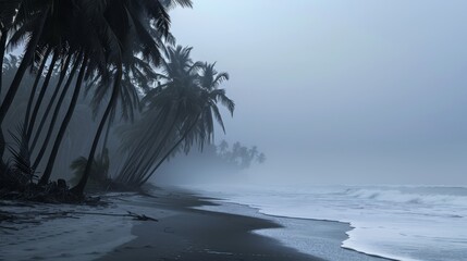 Ethereal photo of a misty tropical beach at dawn, with soft light filtering through palm trees and a gentle surf washing over the sand. - obrazy, fototapety, plakaty