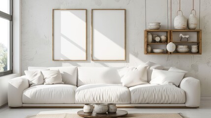 Modern minimalist living room interior photo with a cozy white sofa, wooden shelving with decorative ceramics, two blank frames on the wall for art or photography, and soft natural lighting