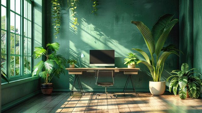 A platform for working remotely in a green office, solid color background, 4k, ultra hd