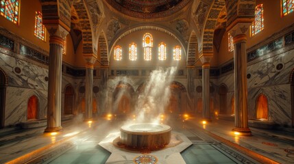Turkish hammam with elegant marble interior, ambient lighting, dome ceiling in high res photography - obrazy, fototapety, plakaty