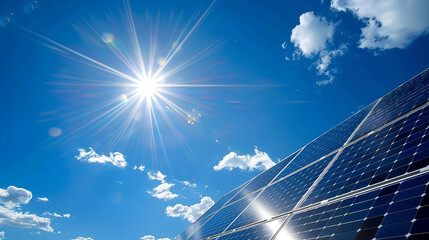 Renewable Energy: Solar Panels Glistening under Sunlight Rays, Eco-Friendly Power Generation Concept