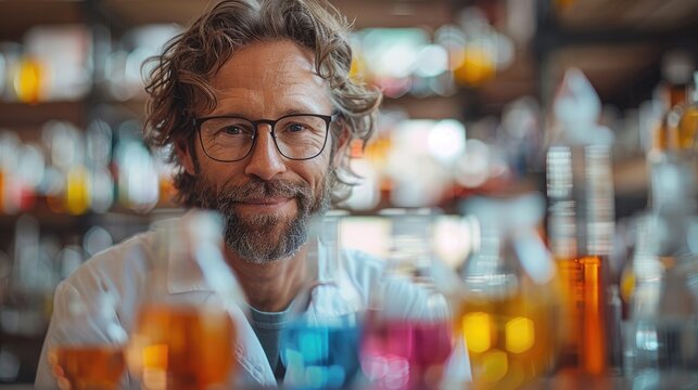 A teacher who teaches children the basics of chemistry through lab work, solid color background, 4k, ultra hd