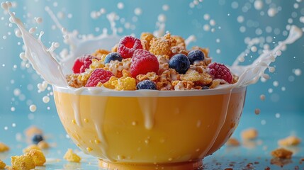 A waterfall of milk flowing into a giant bowl of breakfast cereal, solid color background, 4k, ultra hd