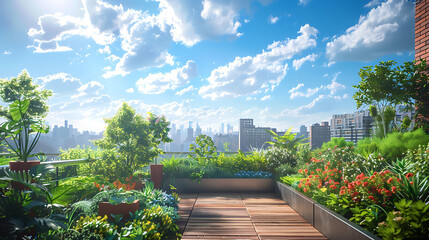A vibrant urban rooftop garden oasis, offering a green sanctuary amidst the concrete jungle