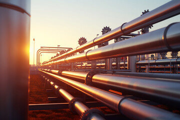  Close up of pipeline and pipe rack of industrial plant or industrial refinery factor with a clear sky at sunset; the future of energy  - obrazy, fototapety, plakaty