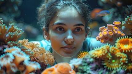 A woman is tending to an aquarium, solid color background, 4k, ultra hd