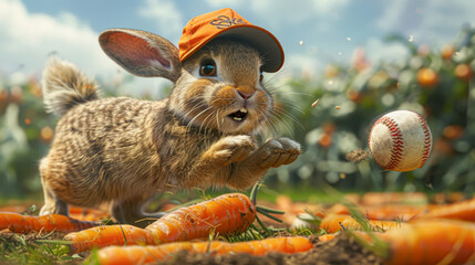A rabbit is playing baseball with a carrot. The rabbit is wearing a baseball hat and is in the process of catching a baseball. The scene is playful and lighthearted