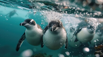 Naklejka premium Birds that can swim underwater, solid color background, 4k, ultra hd