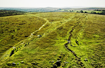 Merrivale stone rows. Prehistoric late Neolithic 3000 – 2300 BC site on Dartmoor, Devon, England....